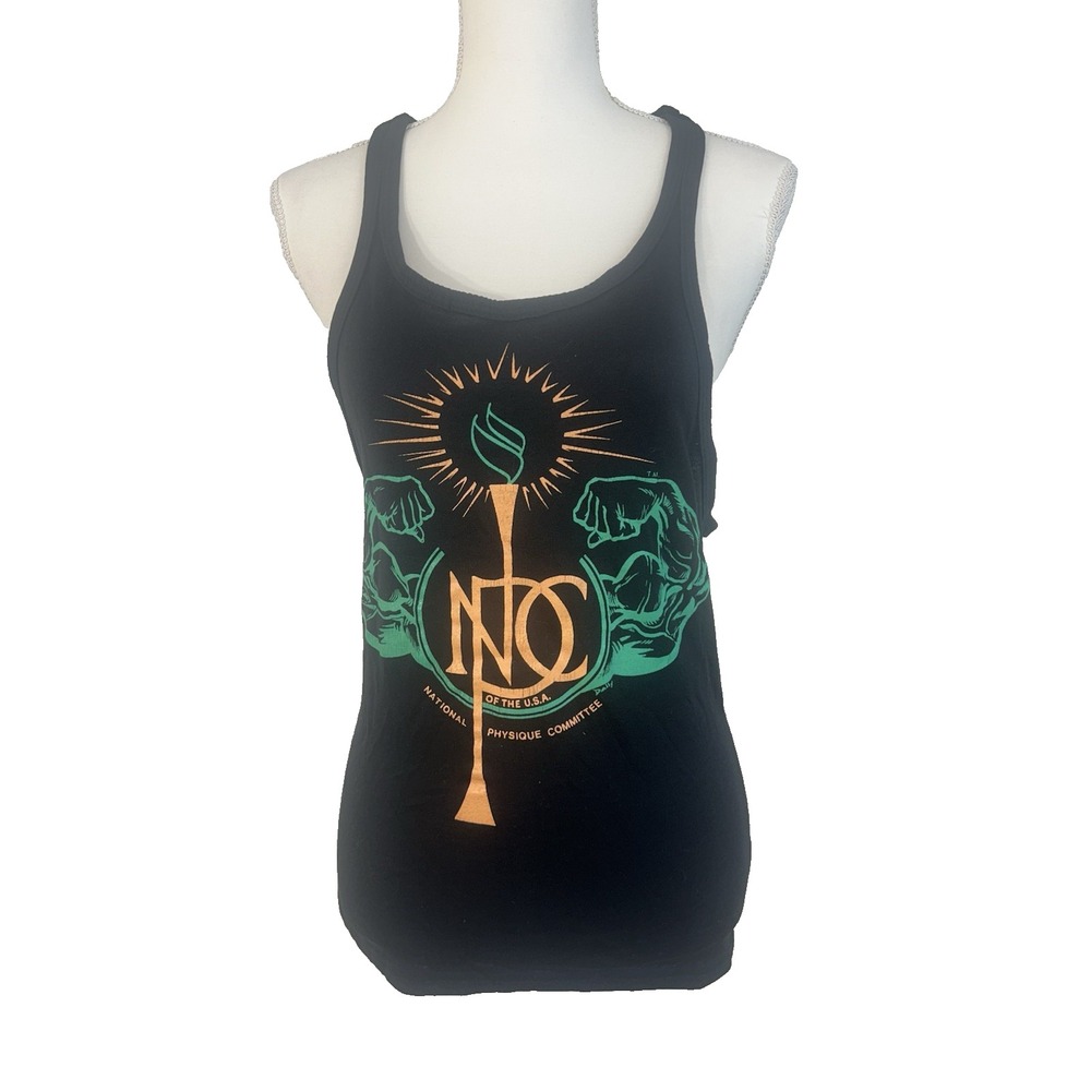 Vintage Powerhouse Gym USA Retro Stringer Muscle Tank T Black & Green Peach Sz M